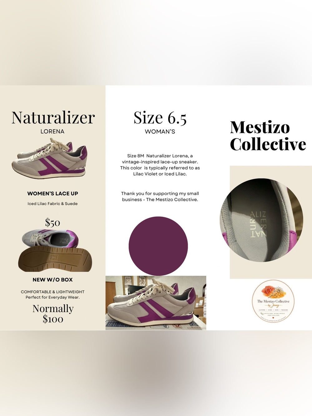 Naturalizer Lorena Lace-Up Sneakers in Lilac and Cream
